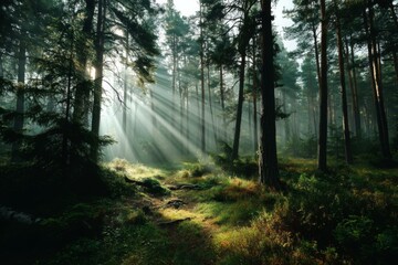 Obraz premium Serene Forest Path Bathed in Early Morning Sunlight and Soft Fog, Trees Casting Long Shadows
