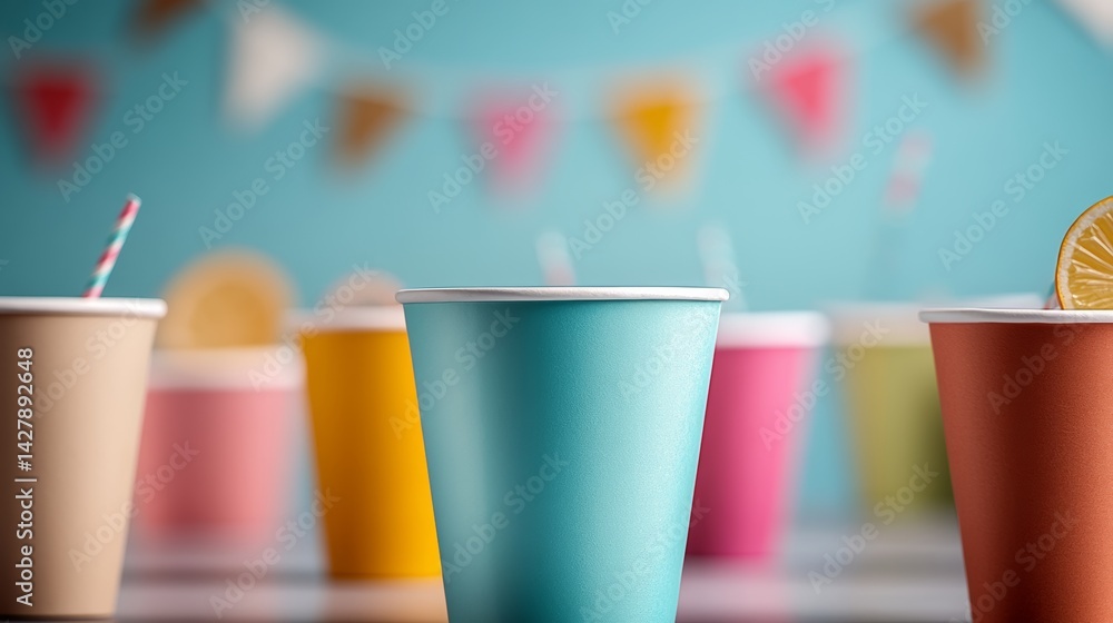 Poster row of colorful paper cups with straws in them. the cups are arranged in a row and are of different 