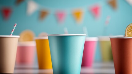 Row of colorful paper cups with straws in them. The cups are arranged in a row and are of different colors