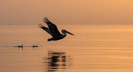 Pelican Flying Over Water at Sunset