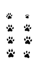 Vector silhouette of muddy dog and bear paw prints, scattered naturally across a white background, textured grunge effect.