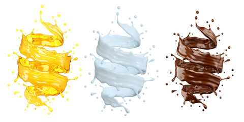3d render of liquid splash yellow milk and chocolate isolated on white with clipping path