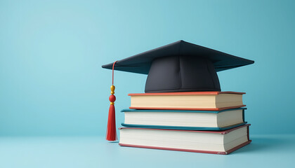 Graduation Cap with Red Tassel on Book Stack
