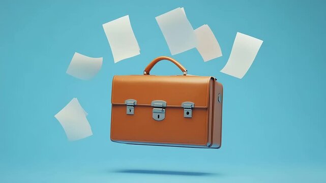 Floating brown briefcase surrounded by scattered white papers against a light blue background