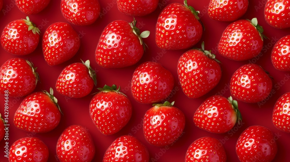 Poster close up of many red strawberries on a red background. the strawberries are all the same size and sh