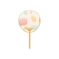 Vintage Japanese and Chinese hand fan decorated rounded pattern flat vector icon, bamboo and paper accessory air cooling