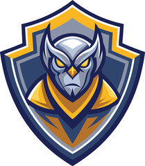 Obraz premium A mascot logo of a strong and reliable looking cartoon shield with a stylized emblem, representing security and trust for a protection service