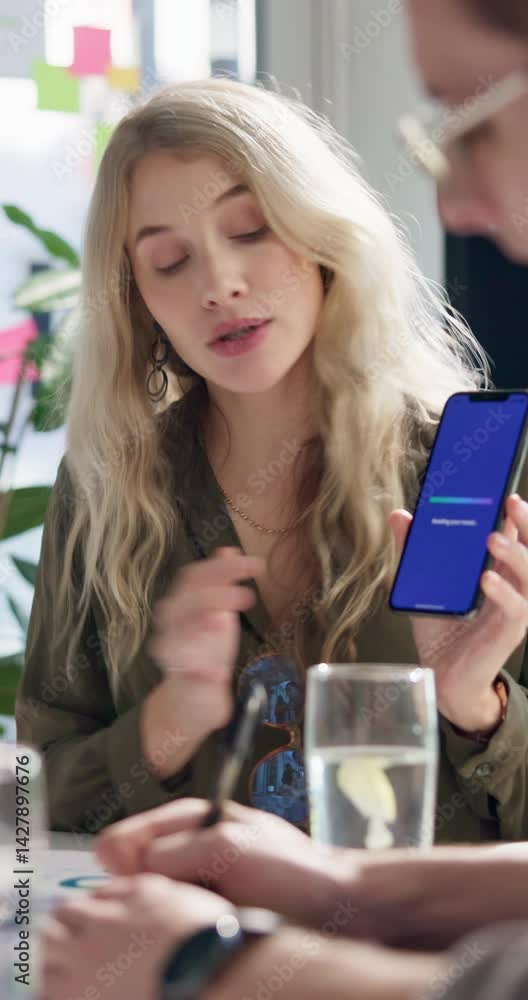 Poster explain, music app and phone screen with business woman in office for meeting, pitch or presentation