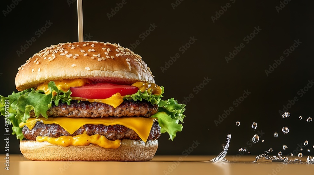 Poster large hamburger with cheese and lettuce on top of a table. the burger is dripping with water, creati