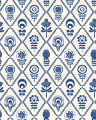 hand drawn scandi retro  folk art flowers blooms in floral diamonds seamless pattern, vector illustration repeat design print