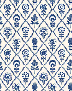 Fototapeta hand drawn scandi retro  folk art flowers blooms in floral diamonds seamless pattern, vector illustration repeat design print