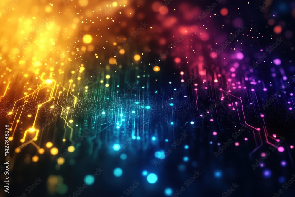 Poster colorful digital particles creating abstract patterns in a futuristic background