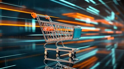 Futuristic shopping cart with motion blur and reflective surface for digital retail - Powered by Adobe