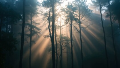 Sunlight streams through mist-filled forest creating a ethereal atmosphere