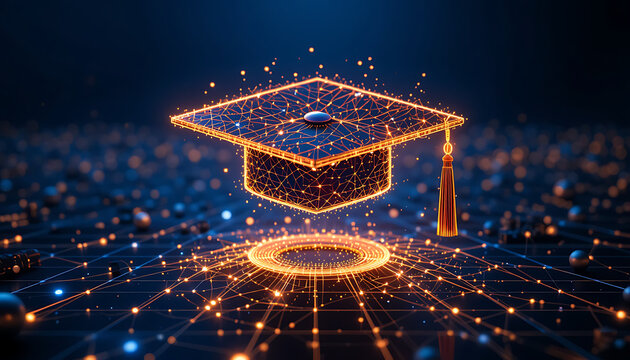 Futuristic Graduation Cap Hologram with Digital Network