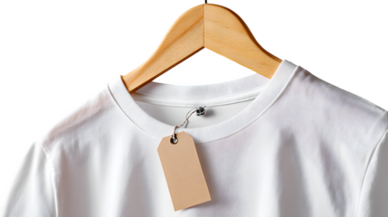 White T-shirt with two blank tags on hanger, isolated on white background