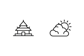 Simple Black Outline Vector Icons Of Buddhist Temple And Sunny Cloud