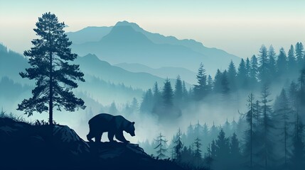 Majestic Silhouetted Bear Climbing Misty Mountain Landscape with Evergreens in Horizontal Banner