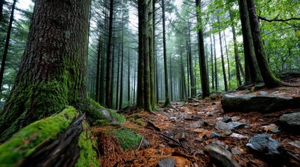 Obraz premium Verdant Forest Path with Moss-Covered Trees and Wet Leaf-Litter Under Overcast Sky