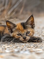 Calico Kitten Resting Outdoors.