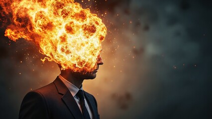 A surreal image of a man in a suit with a fiery explosion emanating from his head, symbolizing intense thoughts or emotions