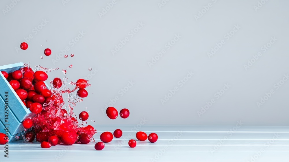 Poster blue container of red berries is overflowing with berries. the berries are scattered all over the ta