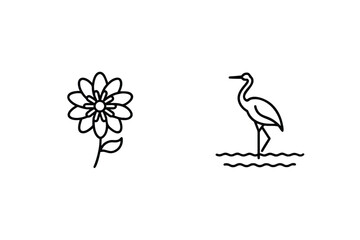 Simple Line Art Featuring A Flower And Heron Bird Near Water