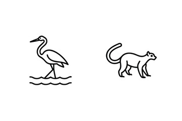 Heron In Water And Feline Contour Drawing Simple Line Art Wildlife