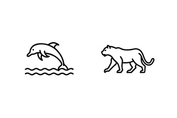 Minimalist Line Art Dolphin Leaping From Water And Panther Walking Graphic Design