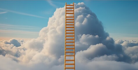 Ladder is shown in the sky, with clouds in the background. The ladder is tall and wooden, and it is reaching up towards the clouds. The image has a dreamy, whimsical feel to it