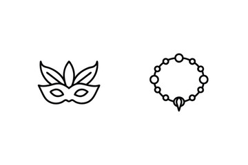 Carnival Mask And Beaded Bracelet Isolated On White Background Line Art