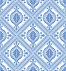 mediterranean ornate floral botanical diamonds tiles in blue and white, vector illustration repeat design
