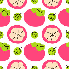 Cute summer seamless pattern with exotic fruits, fresh sliced . Hand drawn citrus fabric print wallpaper texture, juicy tropical fruit background patterns vector . Hand drawn illustration .