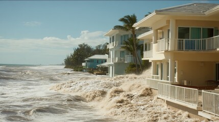 Obraz premium Coastal Homes Battling Storm Surge, Eroding Shoreline