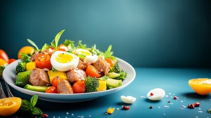 Plate of food with a variety of vegetables and a boiled egg. The plate is on a blue table