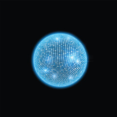 Disco ball. Vector of shiny round mirror ball in blue neon color on black isolated background.