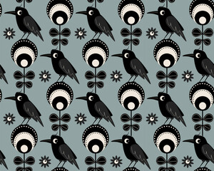 cue little raven crows birds sitting on flowers black and white on dusty blue seamless pattern, scandi vector illustration repeat design print
