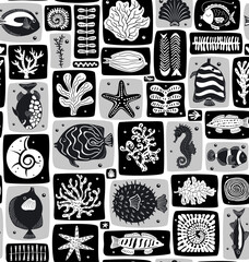 coastal block print style marine coastal fish corals sea plants seamless pattern in black and white vector illustration repeat aquatic design print
