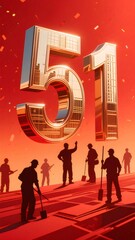 Golden Number 51 Above Silhouetted Workers In Red Theme Celebrating Labour Day With Confetti