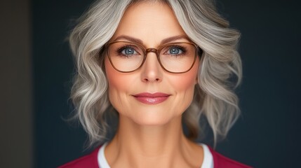 Fototapeta premium Woman with short hair and glasses is smiling. She is wearing a pink shirt and a white shirt