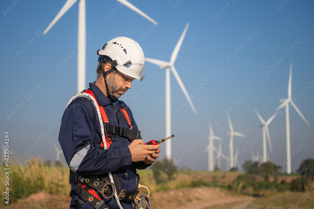 Poster engineer man working at windmill farm generating electricity clean energy. wind turbine farm generat