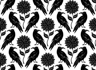 black and white raven and dahlia flowers boho seamless pattern, vector illustration repeat design