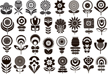retro mcm mid c entury modern style black and white geomertic flowers collection, vector illustration graphic set © VecTerrain
