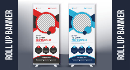 Roll up banner pull up signage x-stand design template with blue red elements for company business promotion marketing exhibition display  