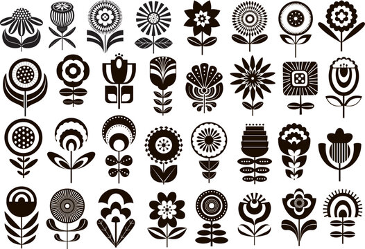 retro mcm mid c entury modern style black and white geomertic flowers collection, vector illustration graphic set