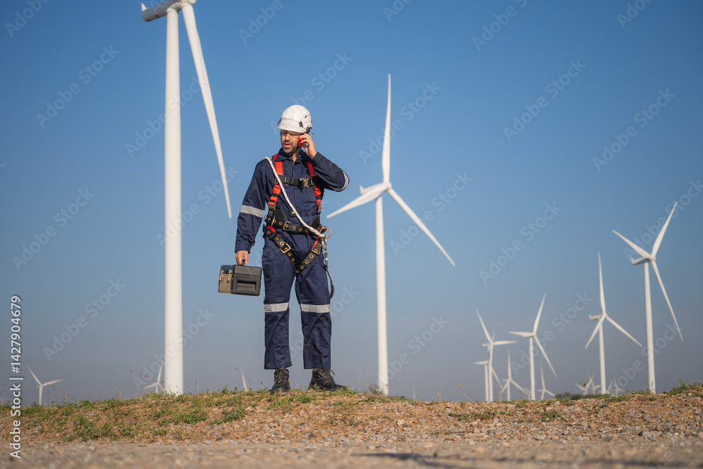 Poster engineer man working at windmill farm generating electricity clean energy. wind turbine farm generat