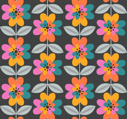retro blooms mcm mid century modern style spring seamless pattern, vector illustration floral repeat design