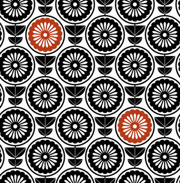 black and white with terracotta geometric abstract retro mcm mid century style flowers seamless pattern