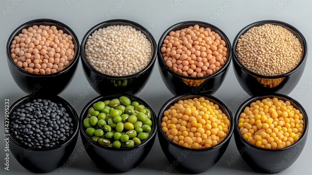 Poster row of bowls filled with different colored beans and nuts. the bowls are arranged in a row, with the