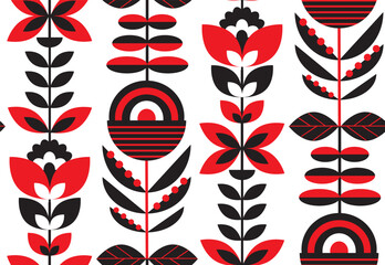 folk art scandi nordic black white red flowers and botanicals seamless pattern, vector illustration repeat design